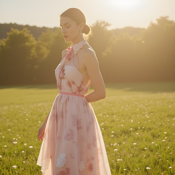 Elegant Pink Floral Halter Dress - Picture 1 of 3
